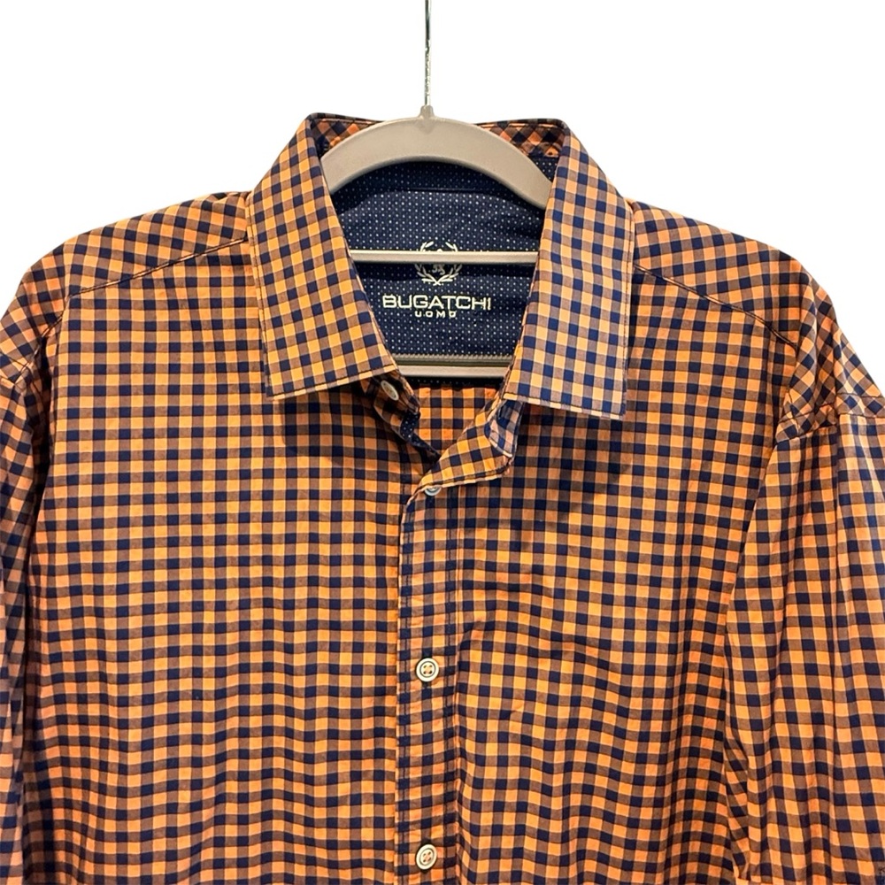 Bugatchi Button Long Sleeve Down Shirt Orange Blue Excellent Gingham Mens Large